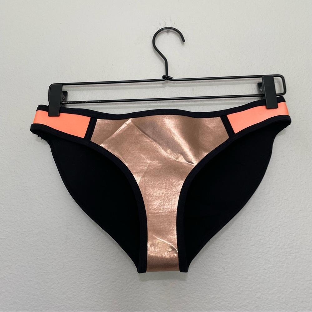 Women's Black Swim Bottom with Metallic Rose Center and Coral Accents